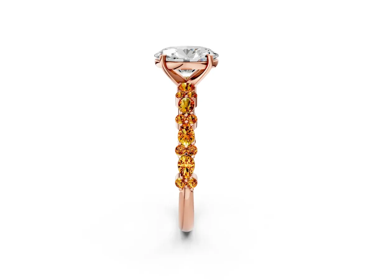 Oval Cut Diamond Side Stone Solitaire Ring with Round Citrine and Four-Prong Setting Rose gold