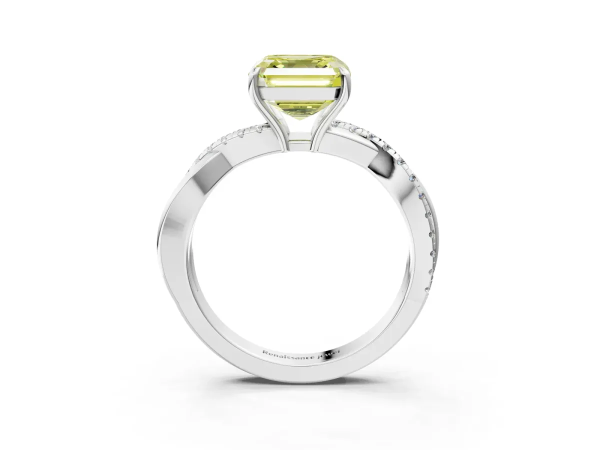 Fancy Yellow Asscher Cut Cut Diamond Twisted Band with Pavé Setting and Four-Prong Setting Platinum