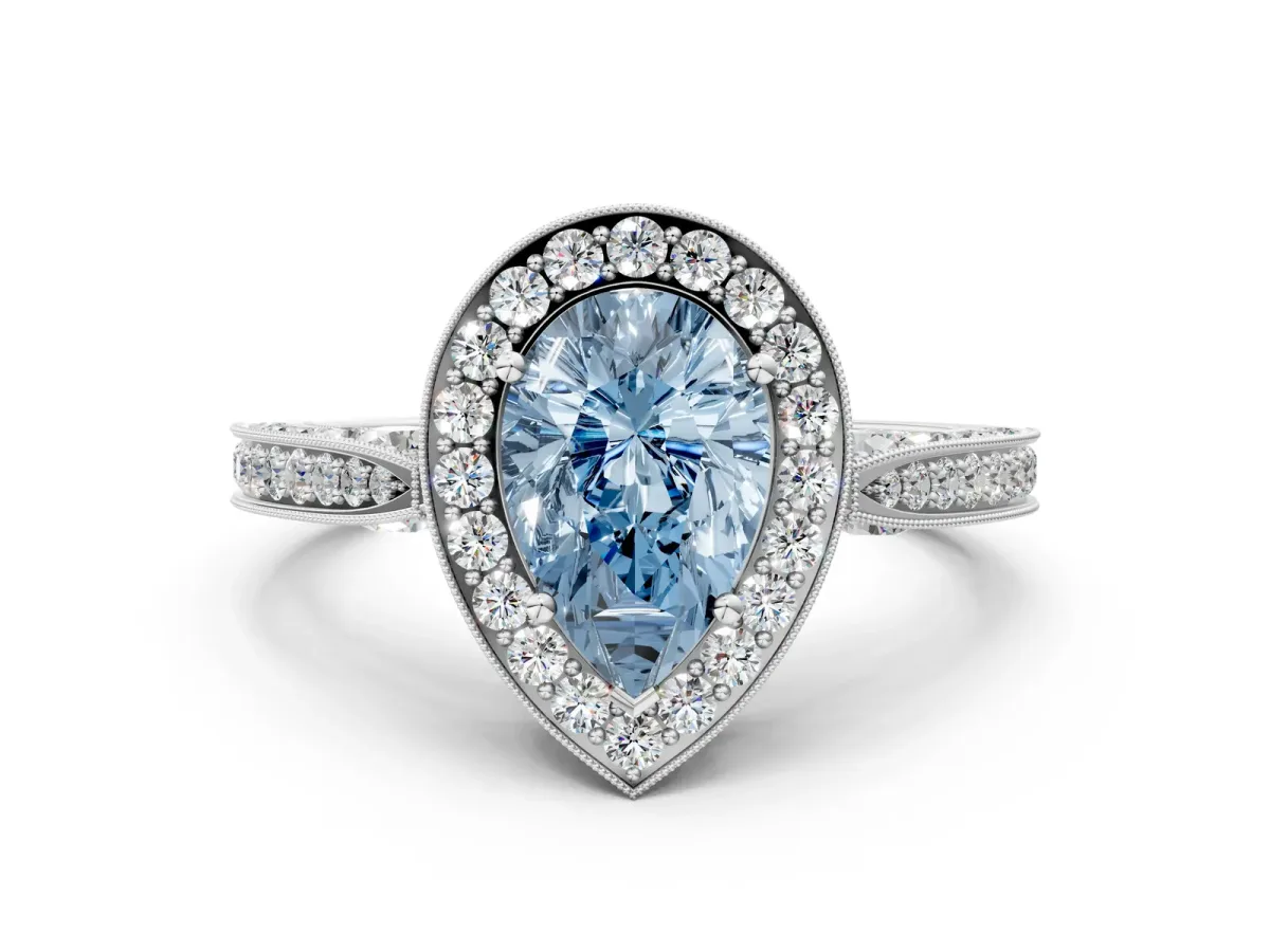 Fancy Blue Pear Cut Halo Diamond Engagement Ring with Split Shank Band and Four-Prong Setting Platinum