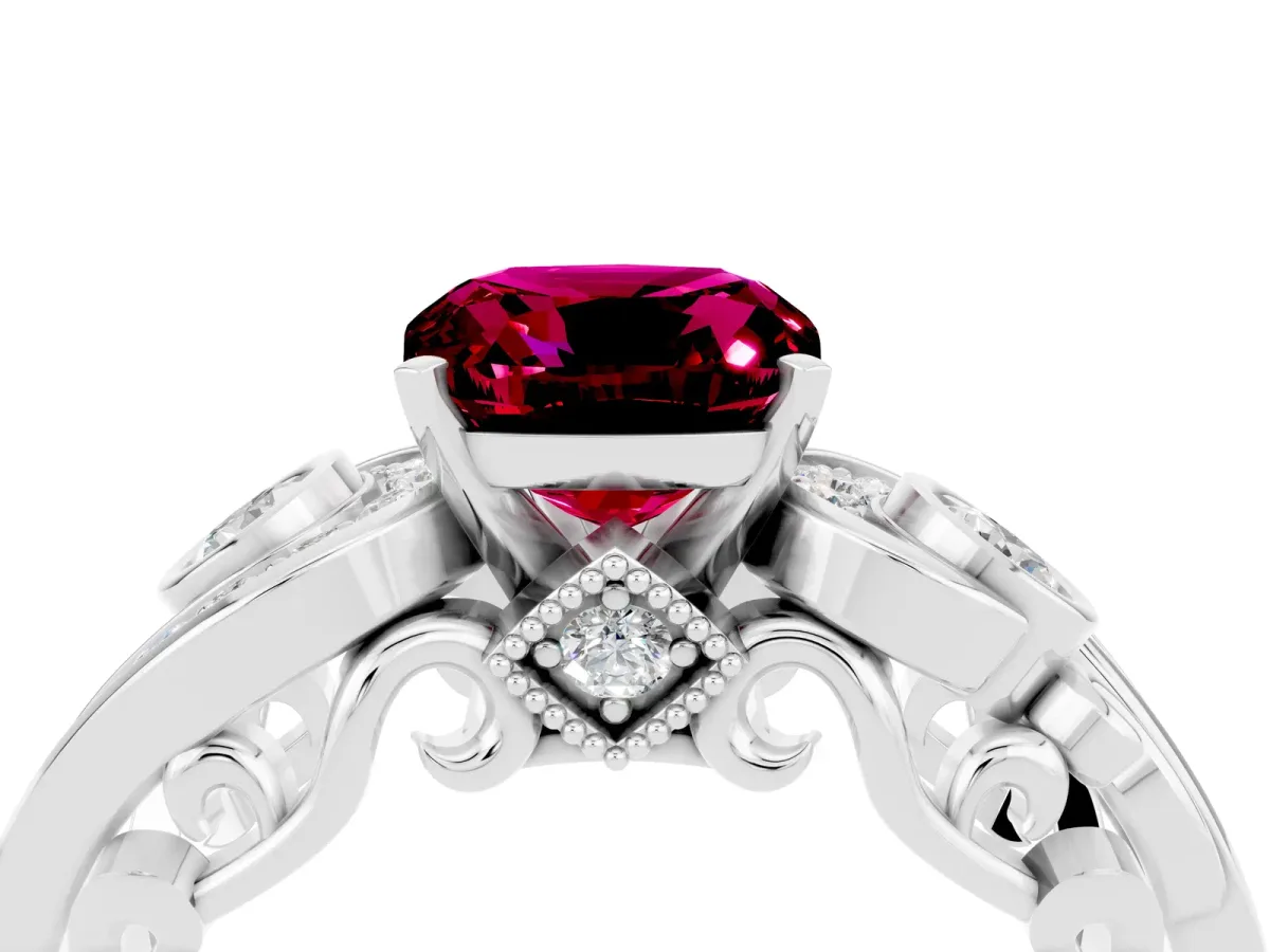 Cushion Cut Garnet Solitaire Ring with Milgrain Pavé Band and Four-Prong Setting Silver
