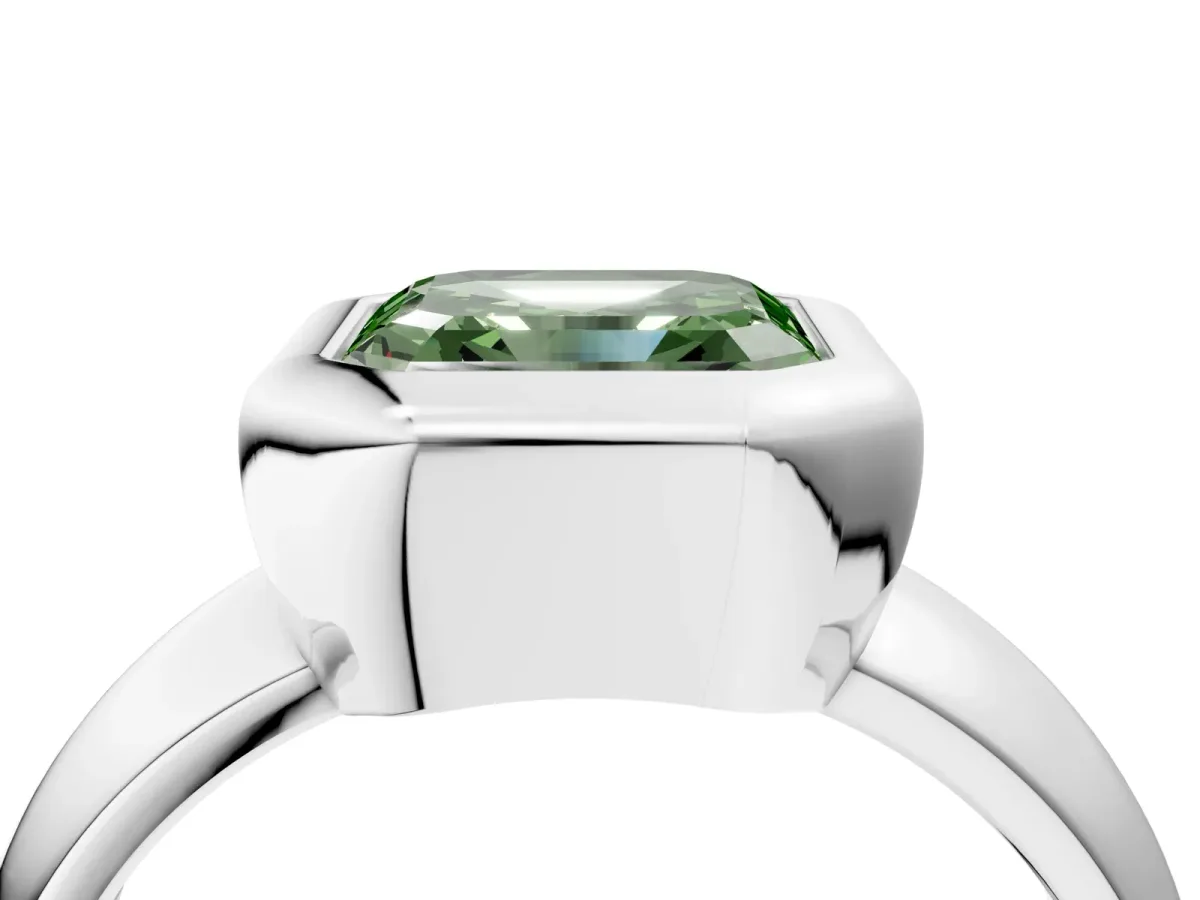 Fancy Green Bezel Set Asscher Cut Solitaire Ring with Wide Band Platinum