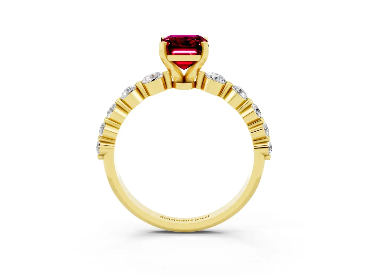 Emerald Cut Solitaire Garnet Ring with Pave Band and Four-Prong Setting Yellow gold