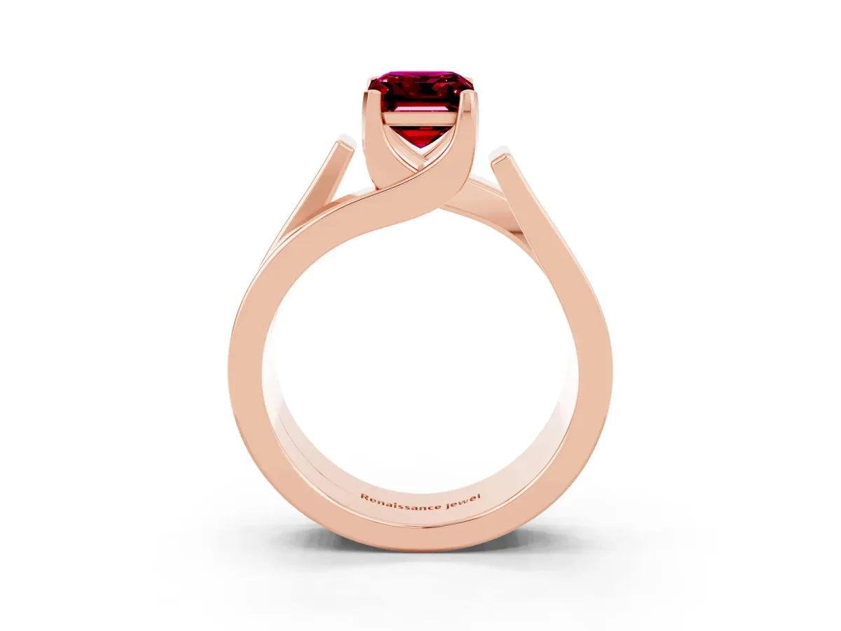 Modern Tension Set Emerald Cut Garnet Solitaire Wide Band Ring Rose gold