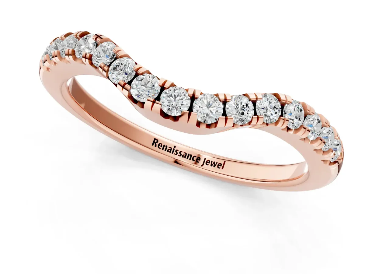 Curved Round Diamond Wedding Band with Pavé Setting and Shared Prong Rose gold