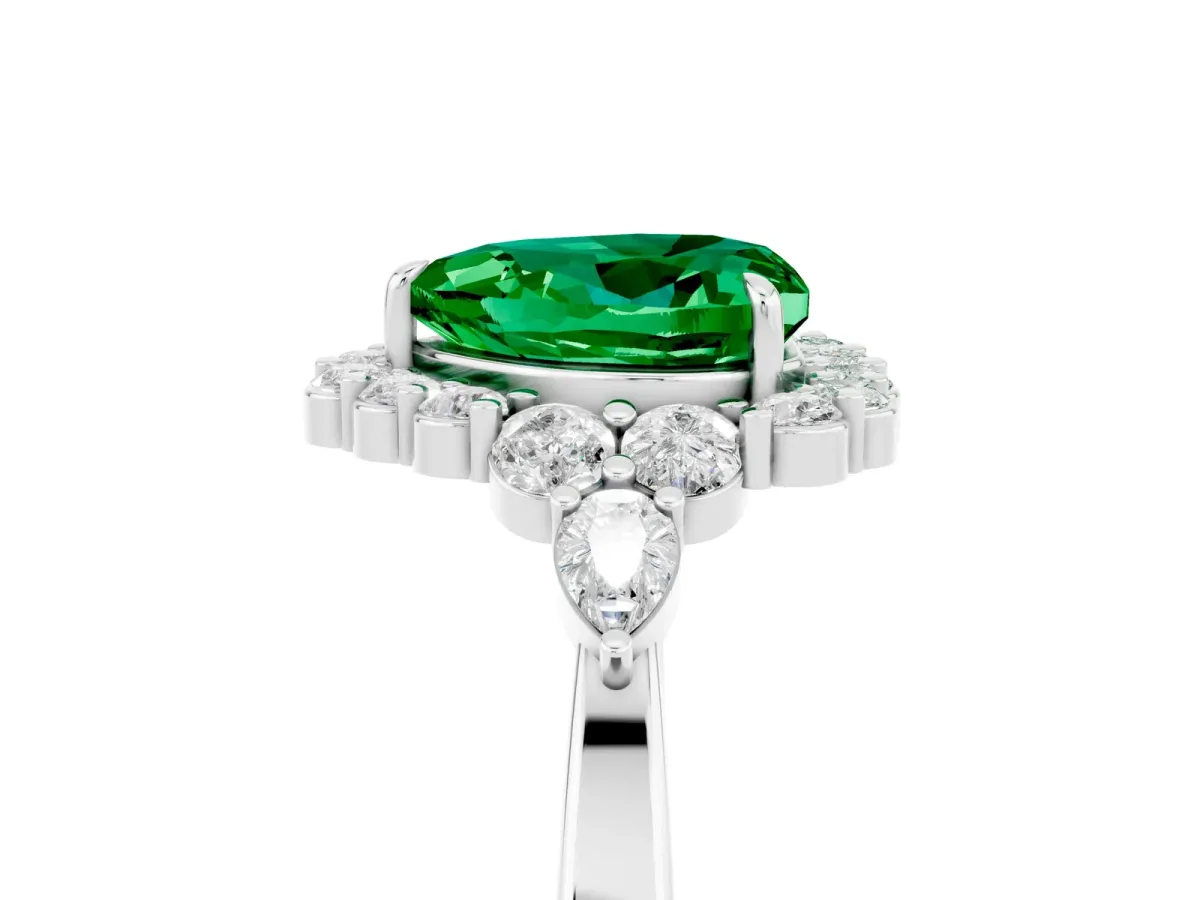Heart Cut Emerald Halo Ring with Pear Side Stones and Prong Setting Silver