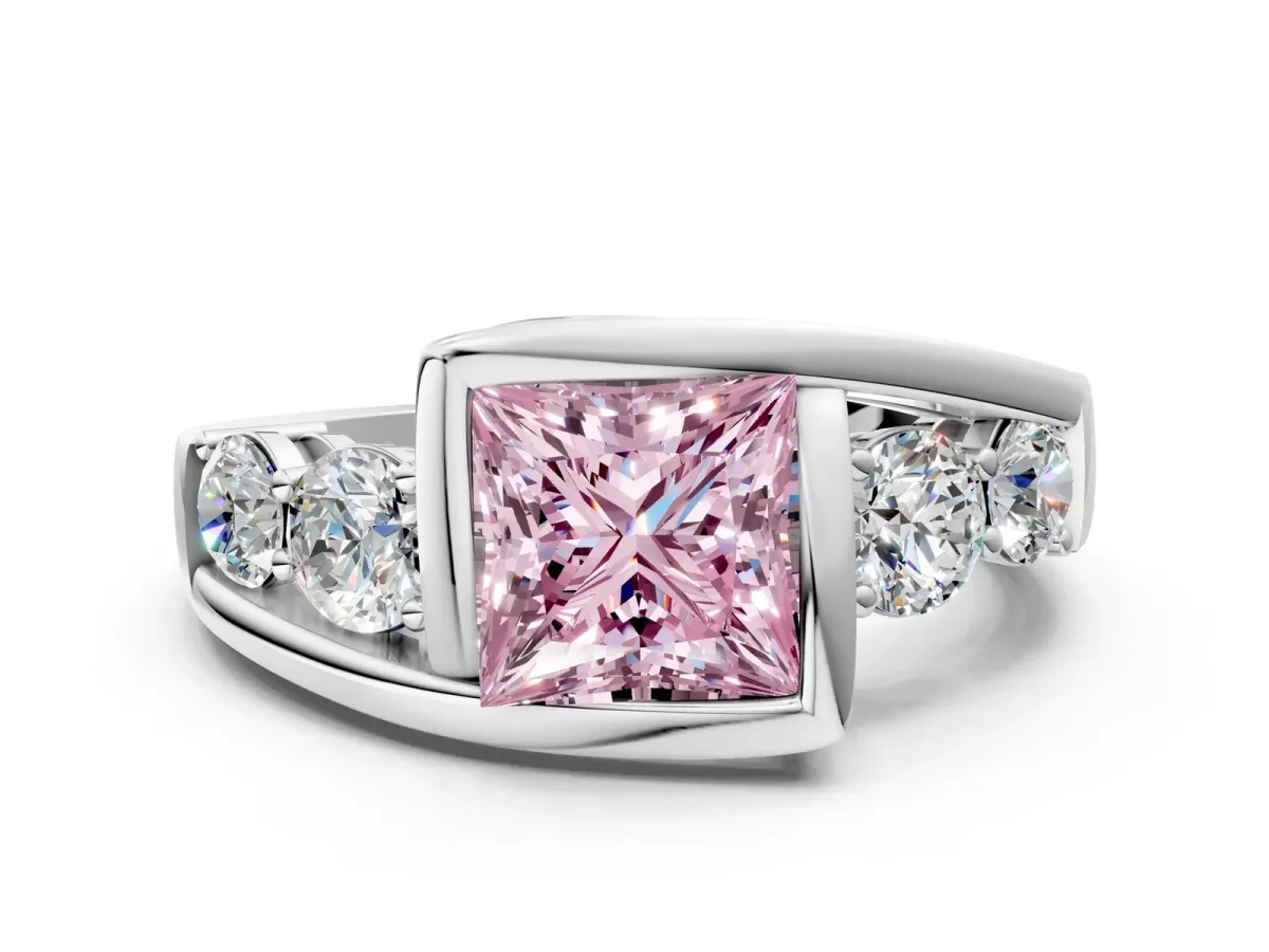 Fancy Pink Bezel Set Princess Cut Diamond Bypass Ring with Round Accents Silver