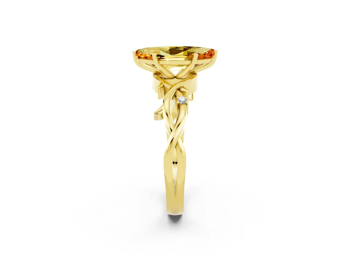 Marquise Cut Citrine Solitaire Ring with Twisted Band and Prong Setting Yellow gold