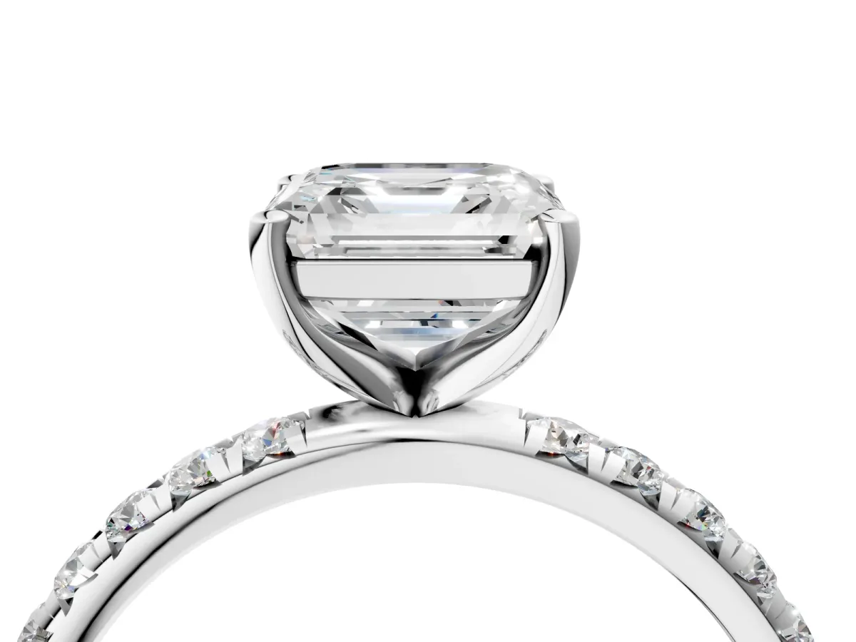 Asscher Cut Cut Diamond Solitaire Ring with Micro Pave Band and Four Prong Setting Platinum