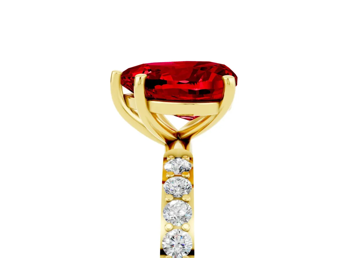 Heart Cut Ruby Solitaire Ring with Round Pavé Band and Prong Setting Yellow gold