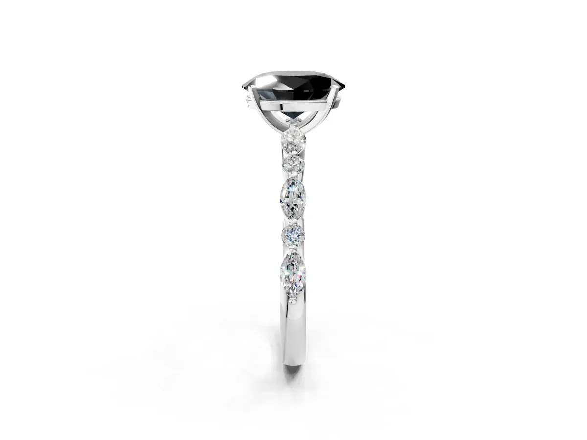Fancy Black Oval Cut Diamond Ring with Marquise and Round Side Stones and Four-Prong Setting Silver