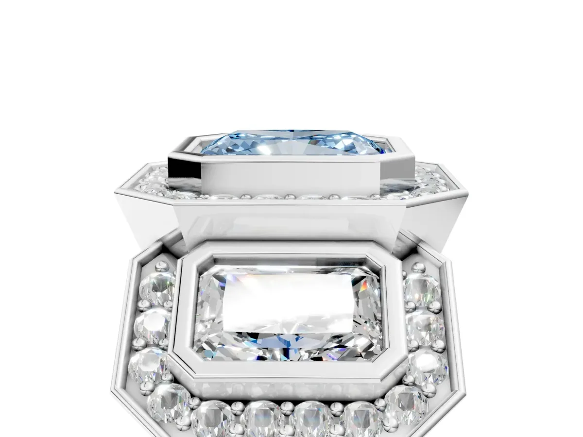 Fancy Blue Three-Stone Radiant Cut Halo Pavé Diamond Ring Platinum
