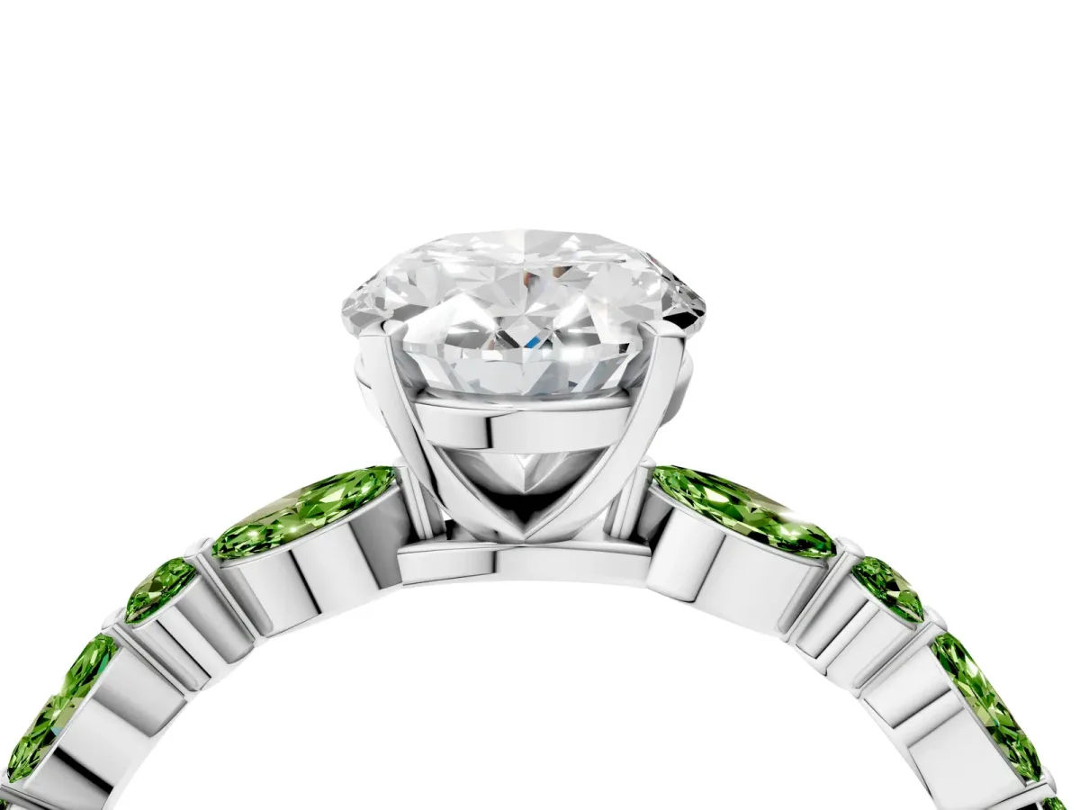 Oval Cut Diamond Ring with Marquise and Round Peridot Side Stones and Four-Prong Setting Silver