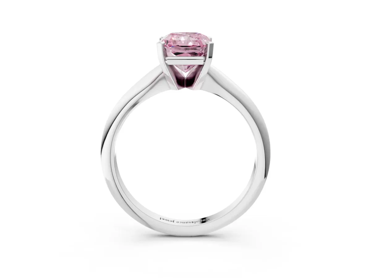 Fancy Pink Radiant Cut Cut Solitaire Ring with Four-Prong Setting on a Classic Band Platinum