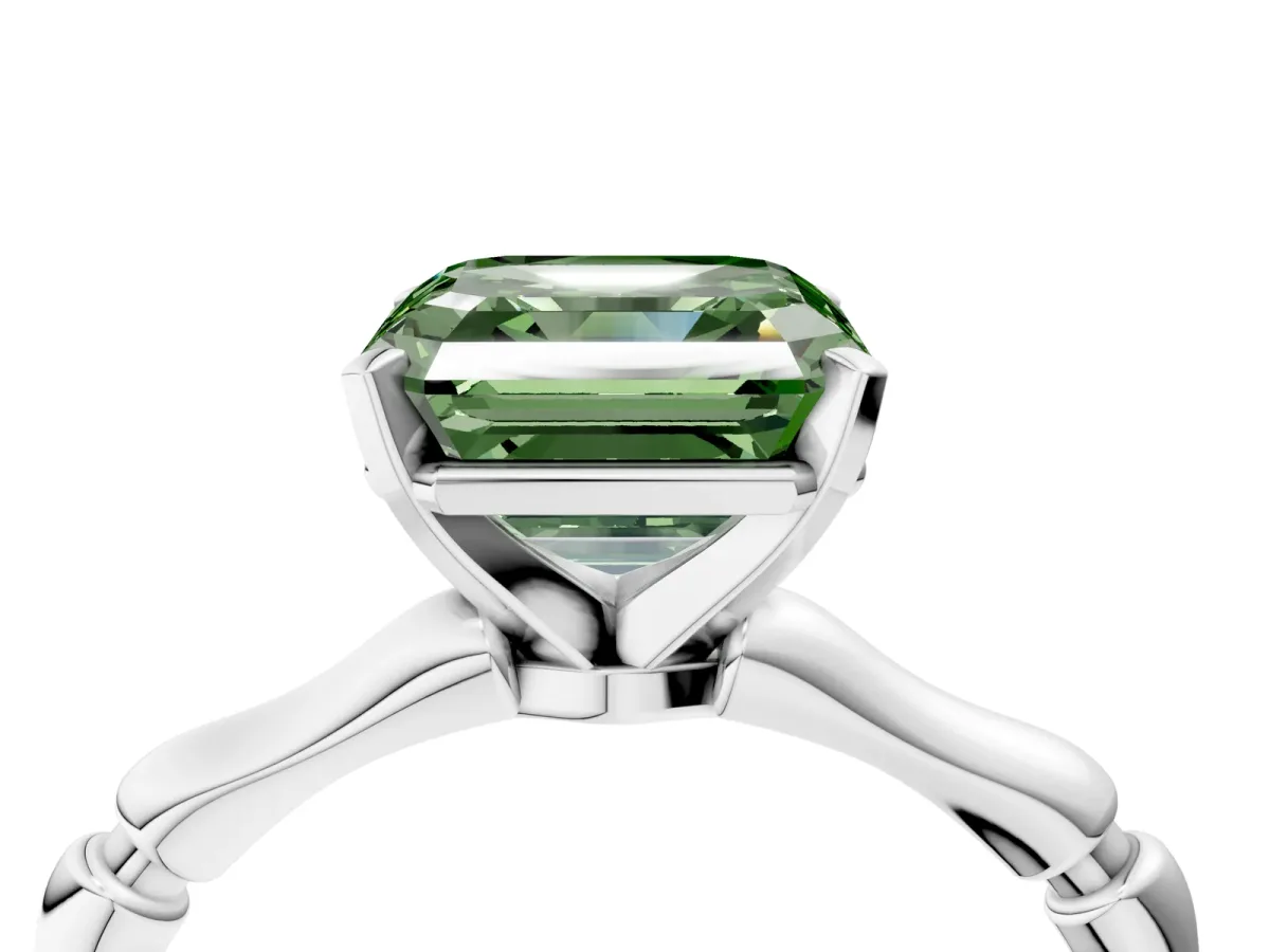 Fancy Green Asscher Cut Solitaire Diamond Ring with Bamboo Band and Four-Prong Setting Platinum