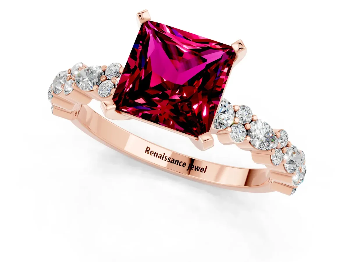 Princess Cut Garnet Side Stone Solitaire Ring with Round and Four-Prong Setting Rose gold