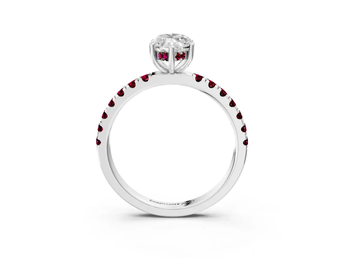 Marquise Cut Diamond Pave Band Solitaire Ring with Round Garnet and Prong Setting Platinum