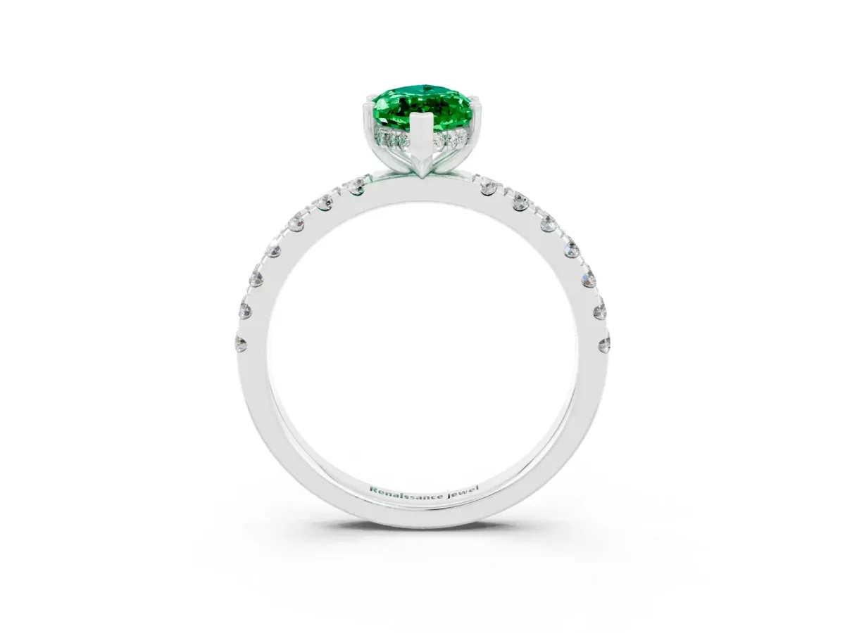 Marquise Cut Emerald Pave Band Solitaire Ring with Round and Prong Setting Platinum