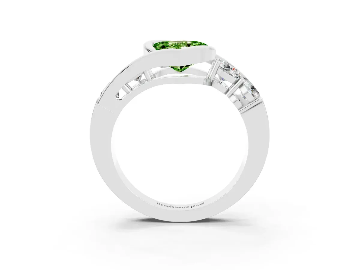 Bezel Set Heart Cut Peridot Bypass Ring with Round Accents Silver