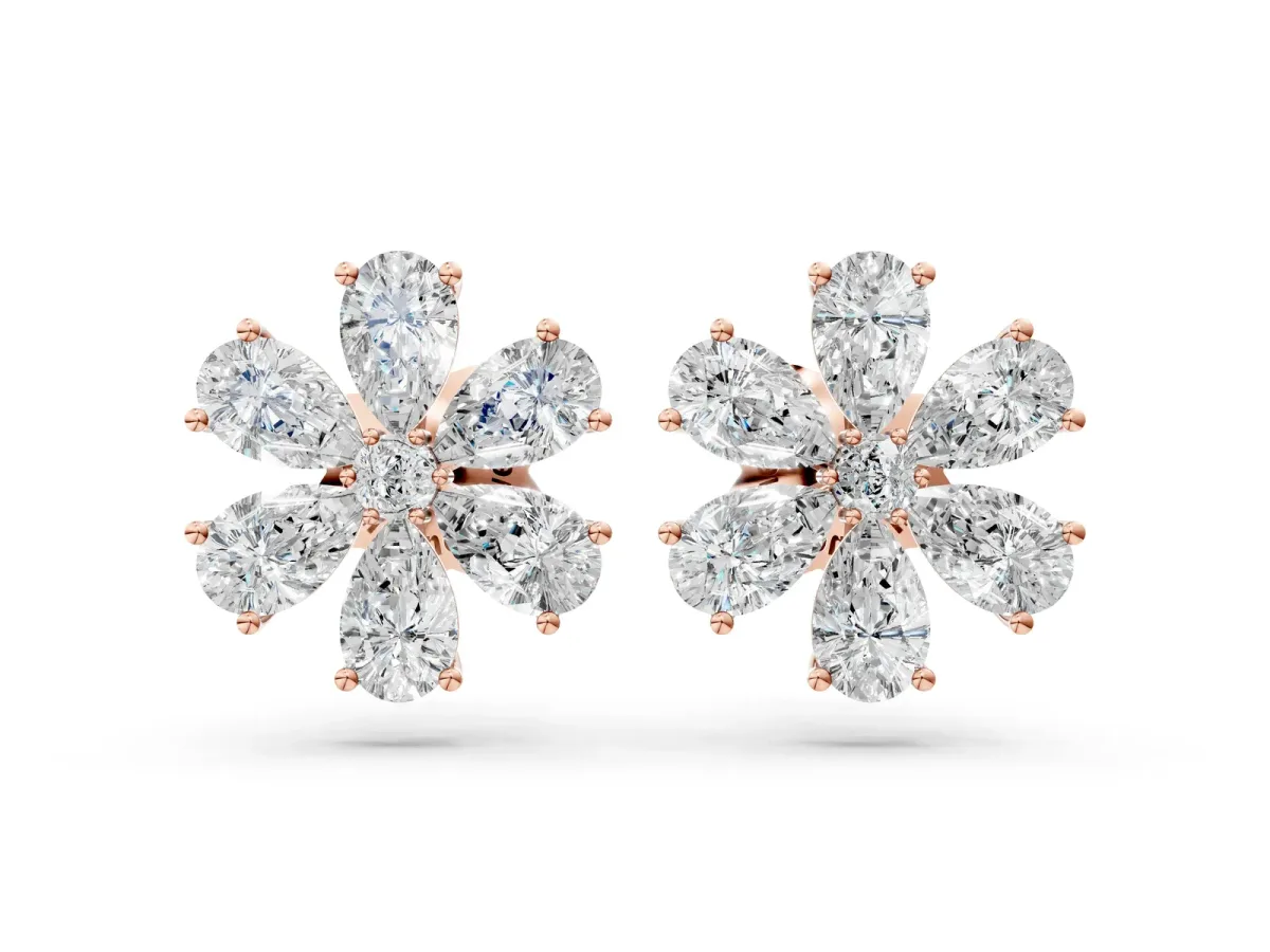 Pear Cut Diamond Floral Cluster Stud Earrings Rose gold