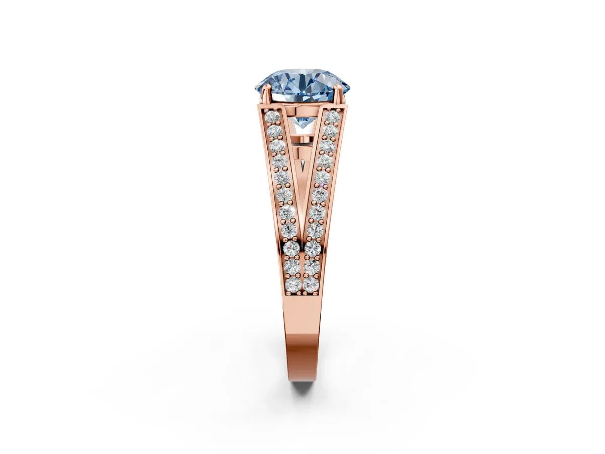 Fancy Blue Round Cut Diamond Split Shank Ring with Pavé Band and Four-Prong Setting Rose gold