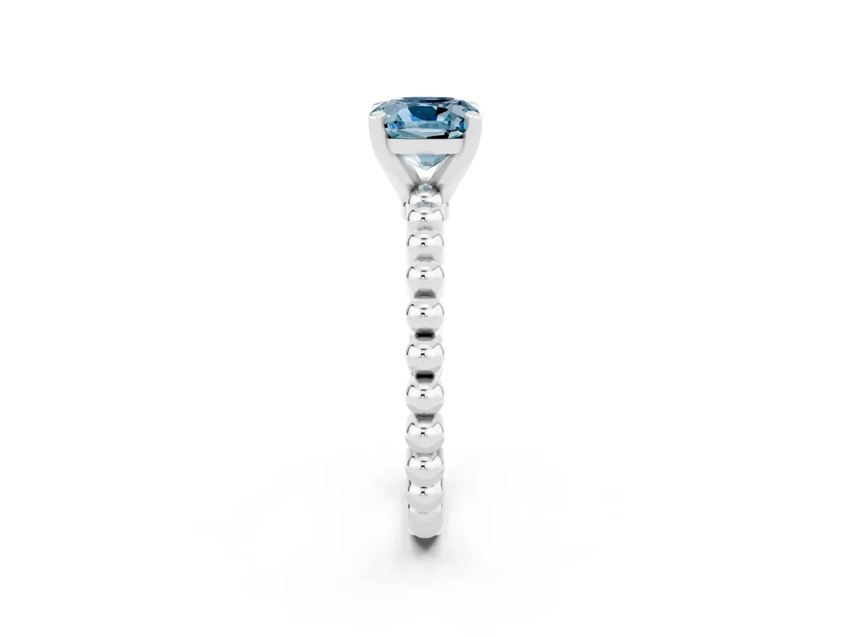 Cushion Cut Aquamarine Solitaire Ring with Beaded Band and Prong Setting Silver