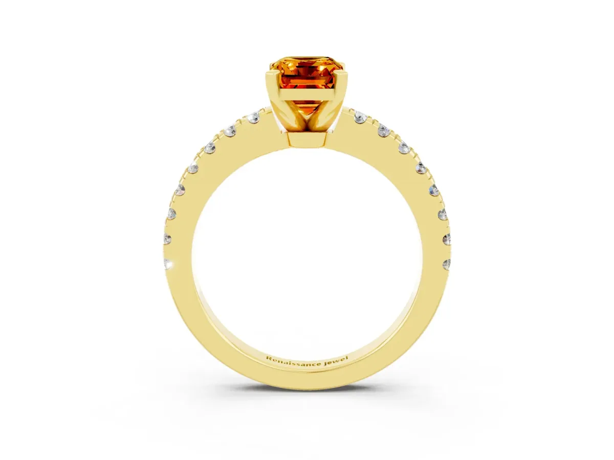 Emerald Cut Solitaire Citrine with Pavé Band and Four-Prong Setting Yellow gold