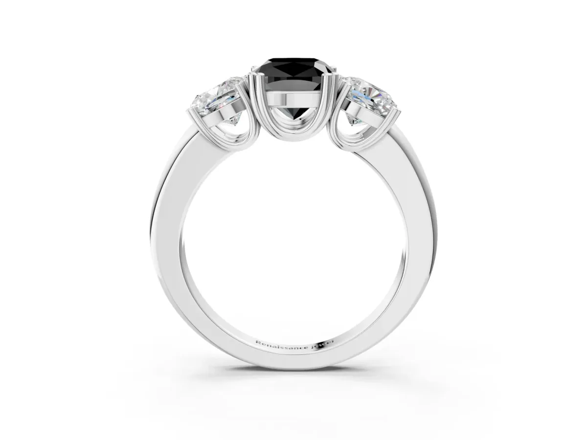 Fancy Black Three-Stone Cushion Cut Cut Diamond Ring with Channel Set Band and Four-Prong Setting Silver