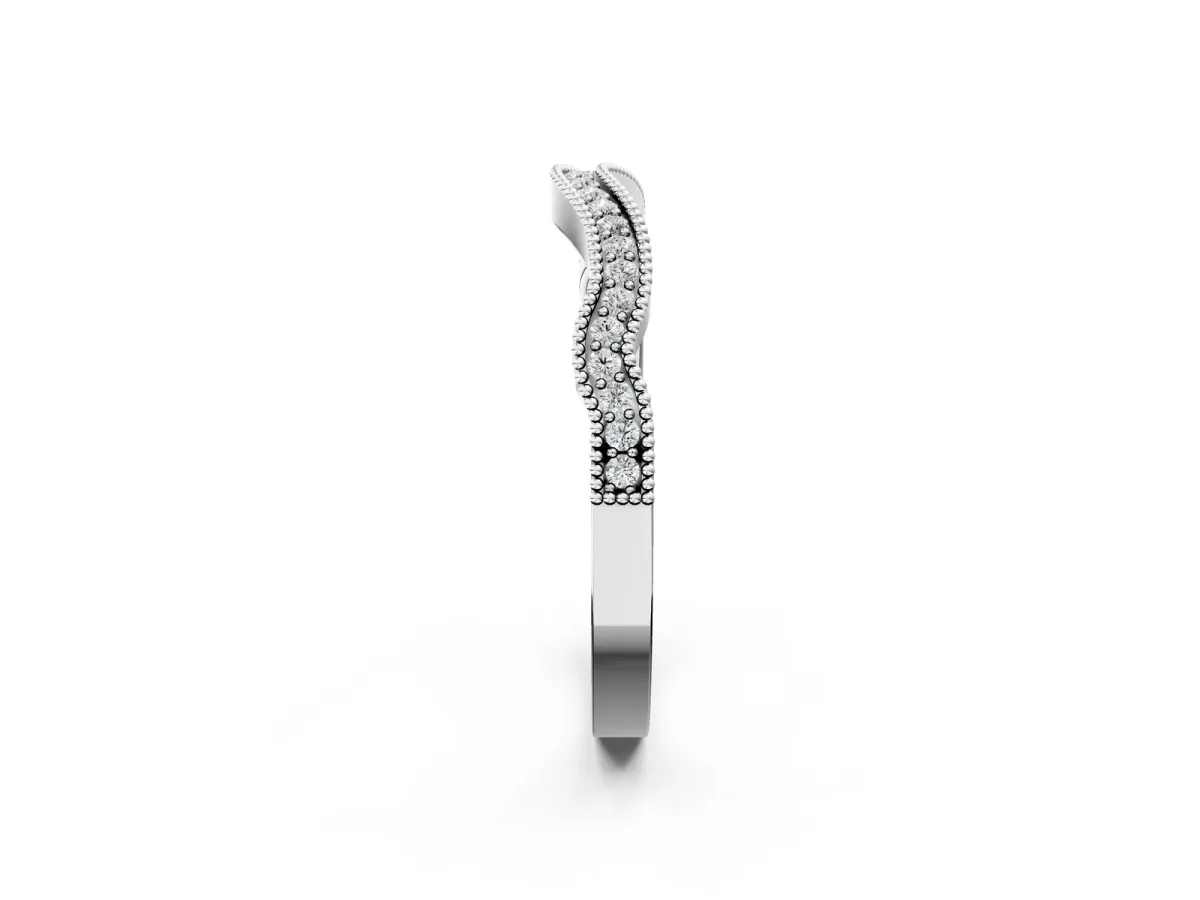 Pavé Round Diamond Curved Milgrain Band Silver