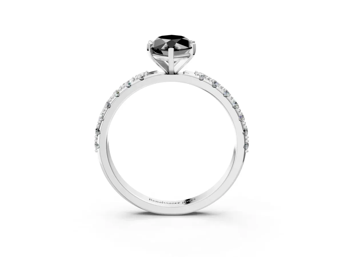 Fancy Black Marquise Cut Diamond Solitaire Pavé Band with Four-Prong Setting Silver
