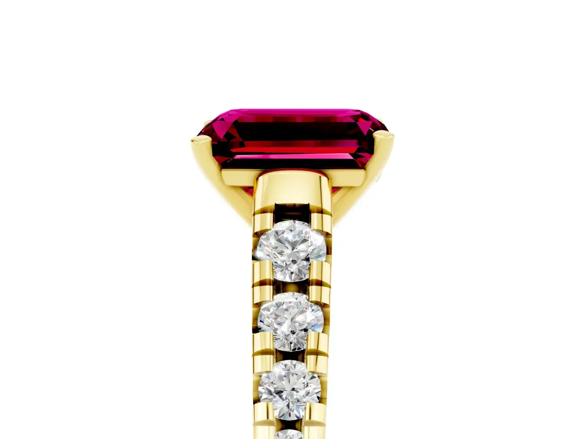Emerald Cut Garnet Cathedral Solitaire Ring with Round Pavé Band Yellow gold