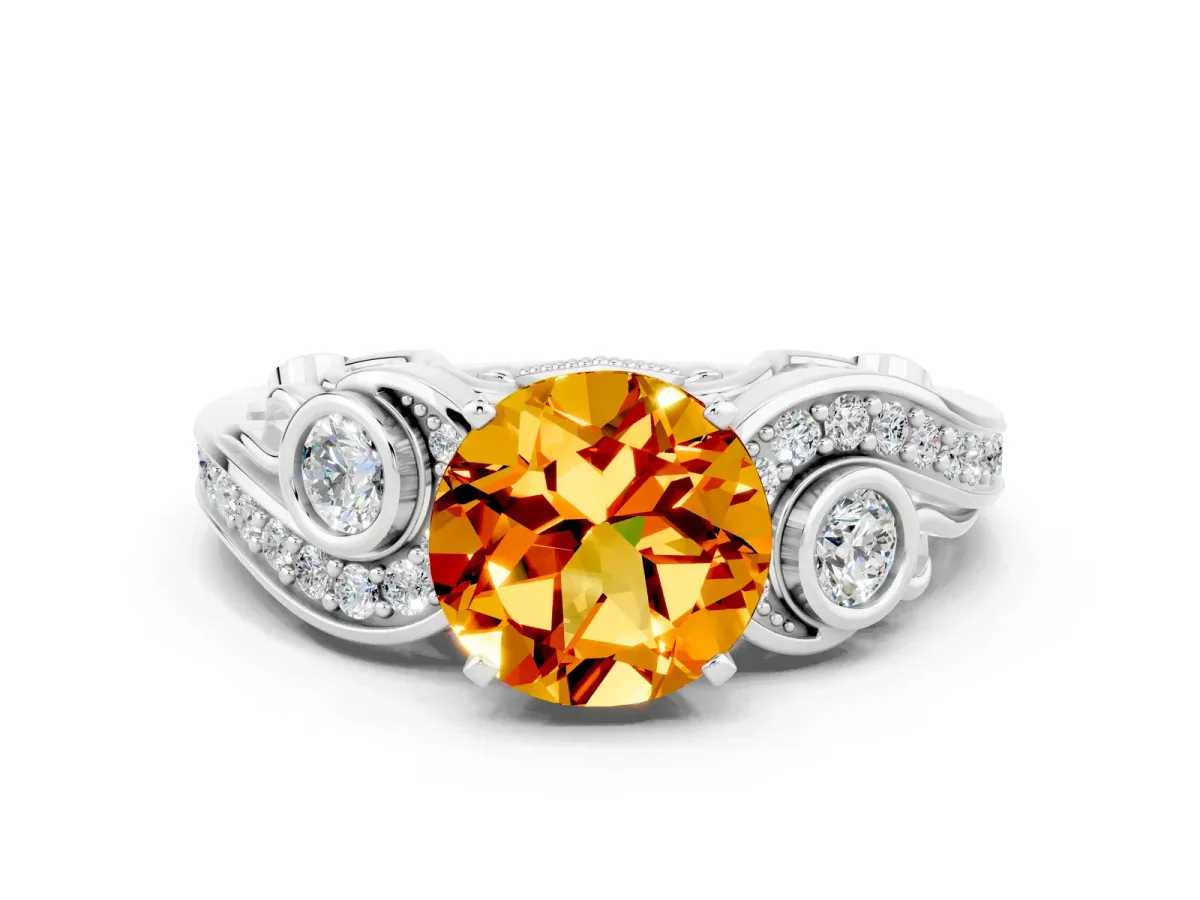 Round Cut Citrine Solitaire Ring with Milgrain Pavé Band and Four-Prong Setting Silver