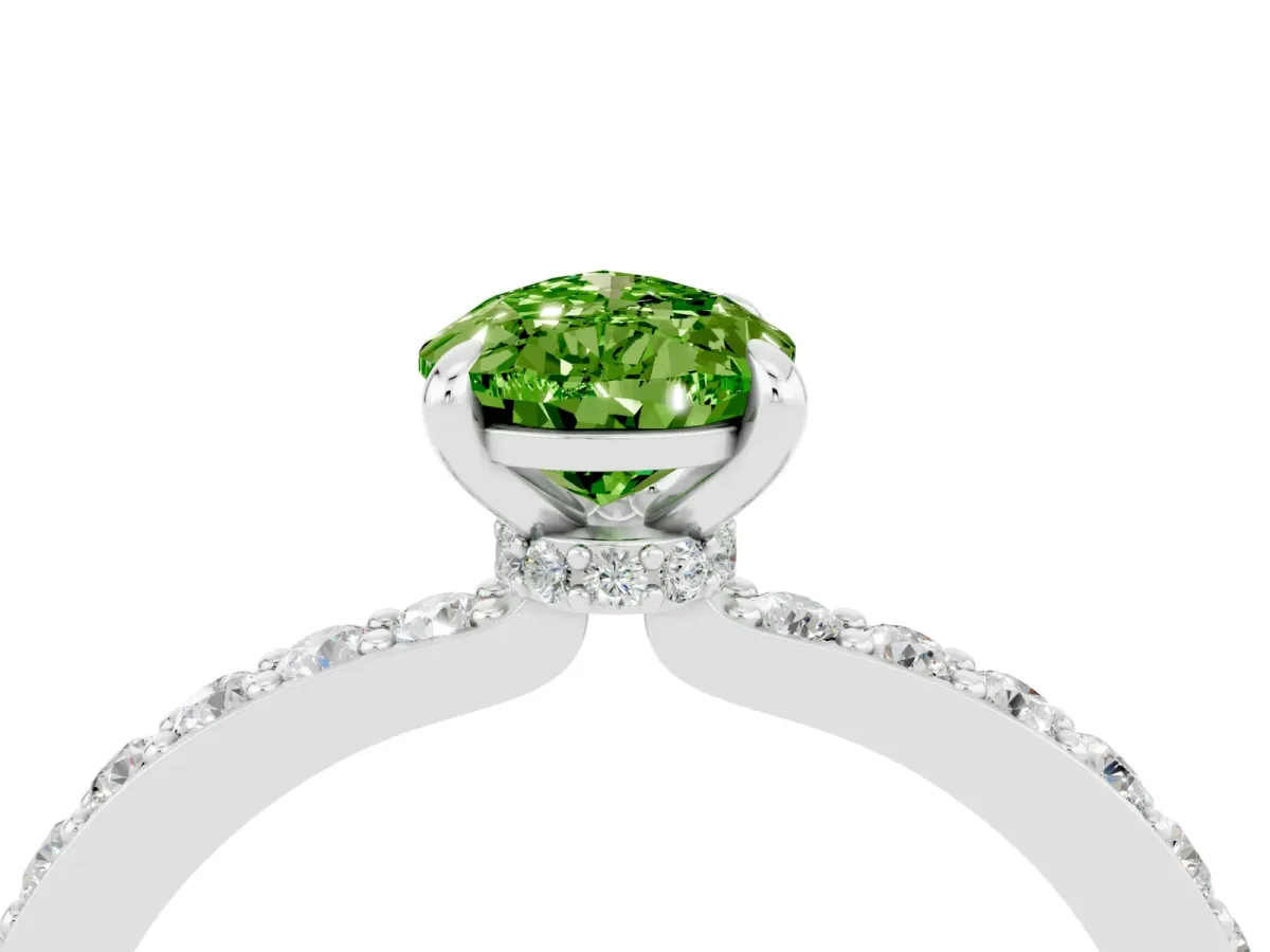 Pear Cut Peridot Solitaire Engagement Ring with Pavé Band and Four-Prong Setting Silver