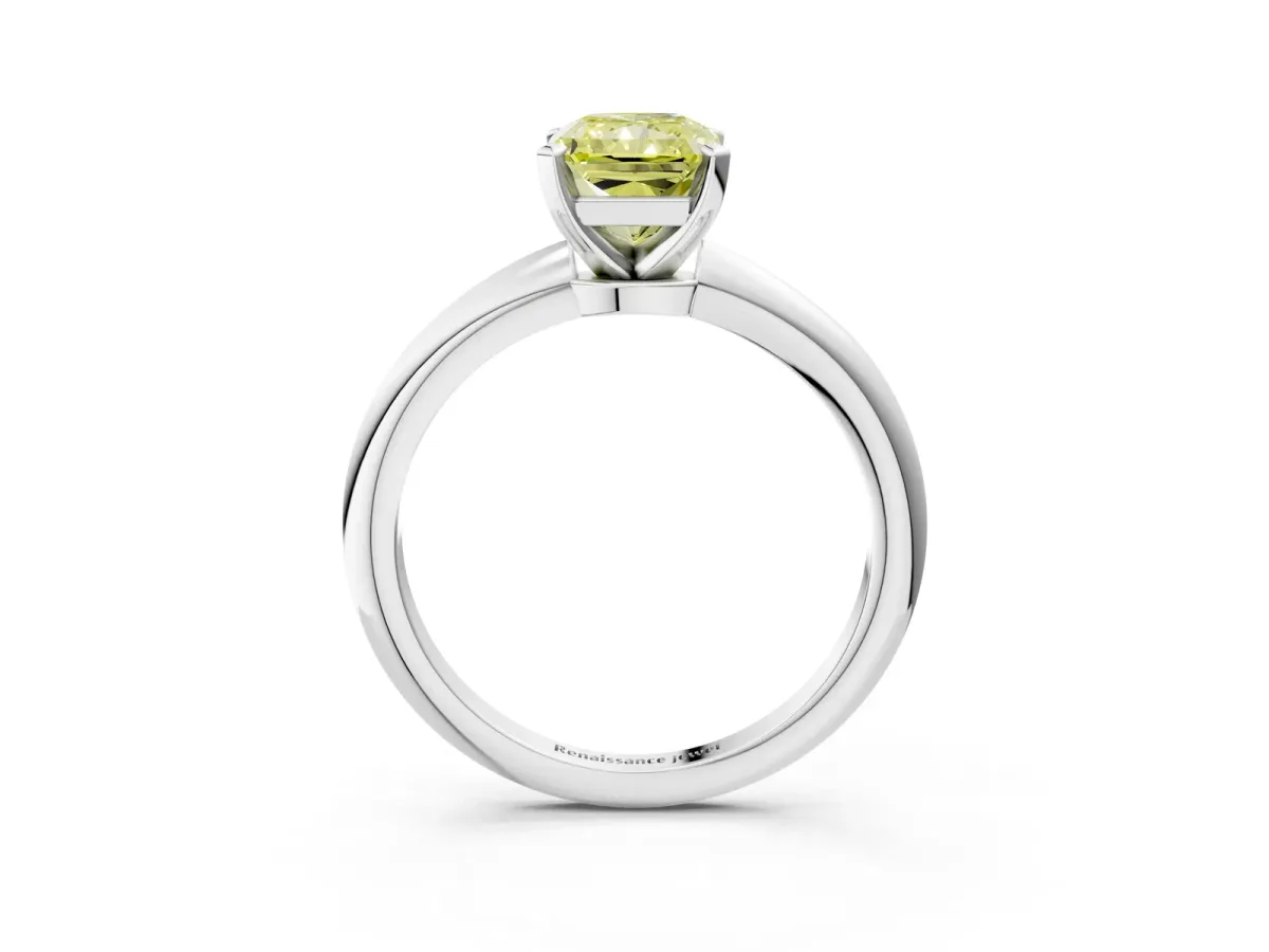 Fancy Yellow Radiant Cut Diamond Solitaire Ring with Six-Prong Setting and Classic Band Silver