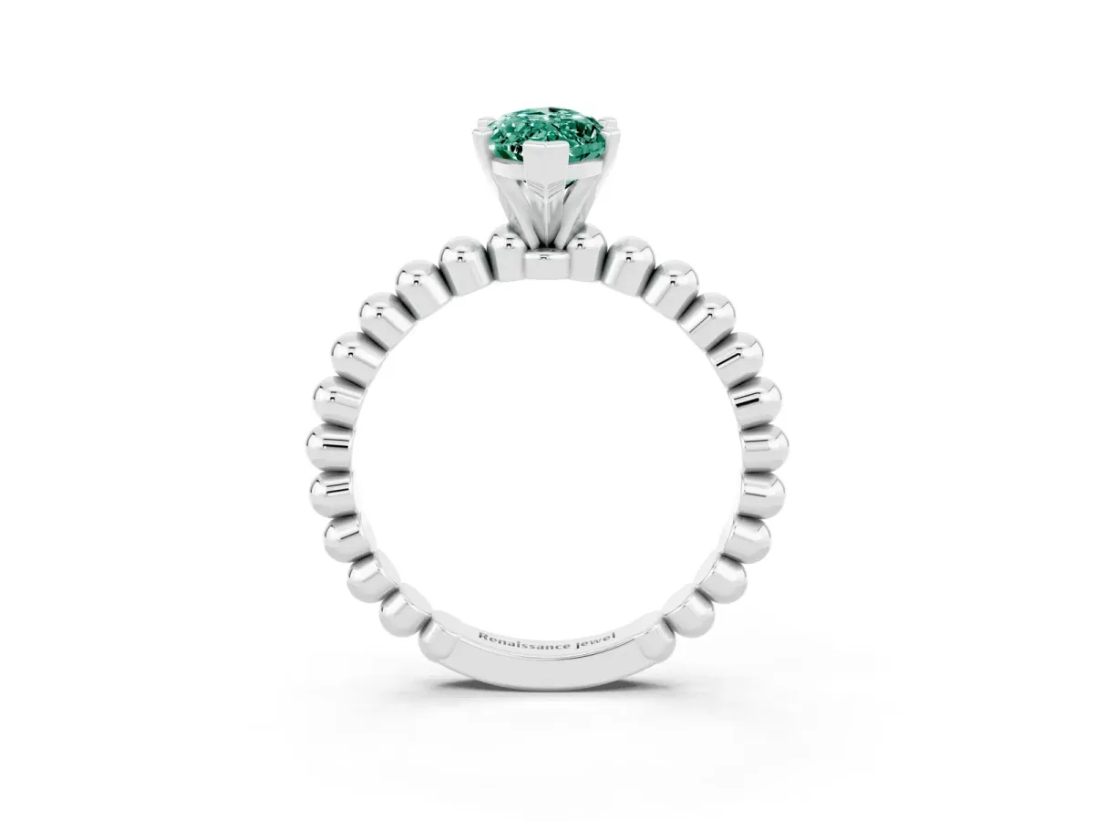 Marquise Cut Green Sapphire Solitaire Ring with Beaded Band and Prong Setting Silver