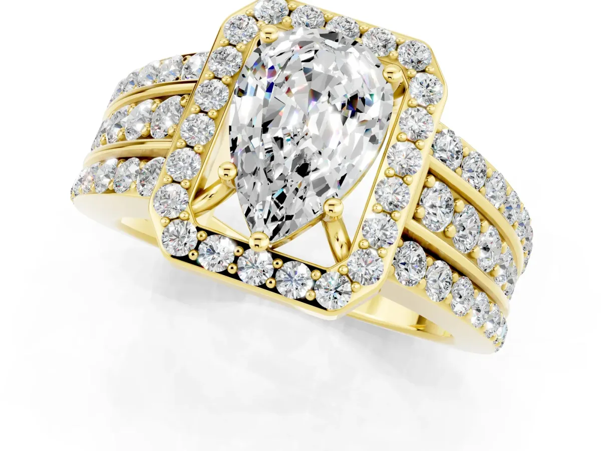 Pear Cut Halo Moissanite Ring with Round Split Shank and Prong Setting Yellow gold
