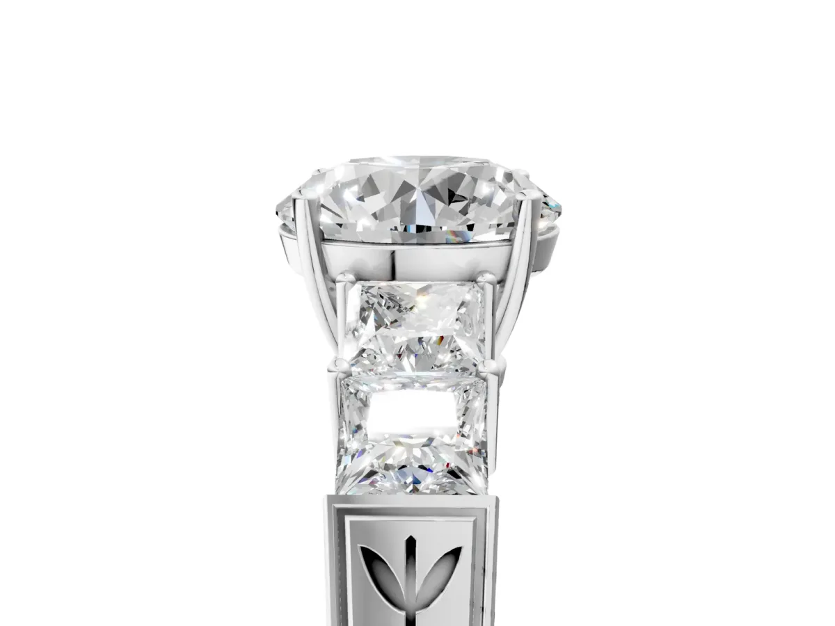 Round Cut Solitaire Princess Side Stone Engraved Band Prong Setting Ring Silver