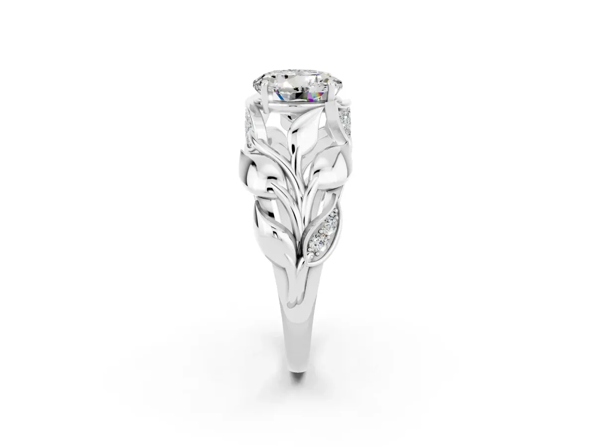 Round Cut Moissanite Leaf-Inspired Engagement Ring with Round Accents and Prong Setting Silver