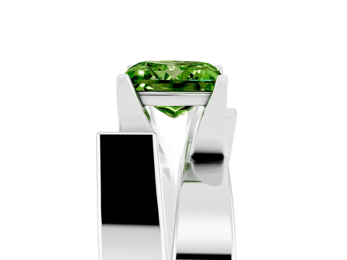 Modern Tension Set Princess Cut Peridot Solitaire Wide Band Ring Silver