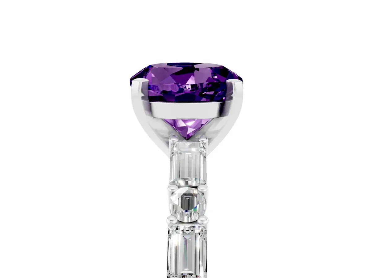 Round Cut Amethyst Solitaire with Side Baguettes and Channel Set Band Platinum