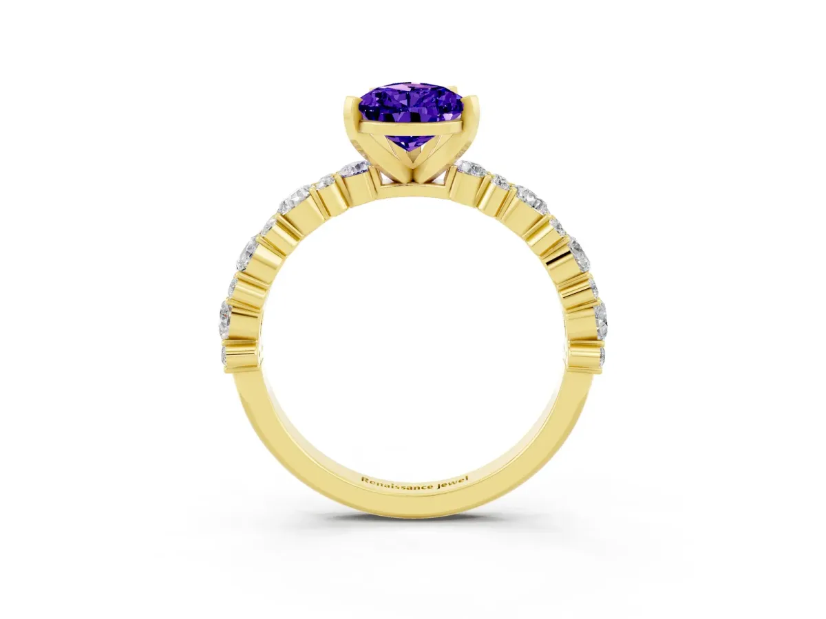 Pear Cut Tanzanite Side Stone Solitaire Ring with Round and Four-Prong Setting Yellow gold