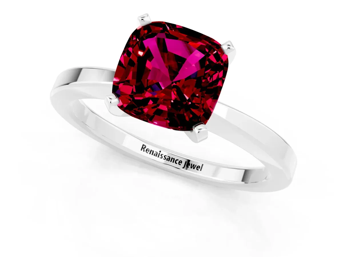 Cushion Cut Garnet Solitaire Engagement Ring with Classic Band and Four-Prong Setting Silver