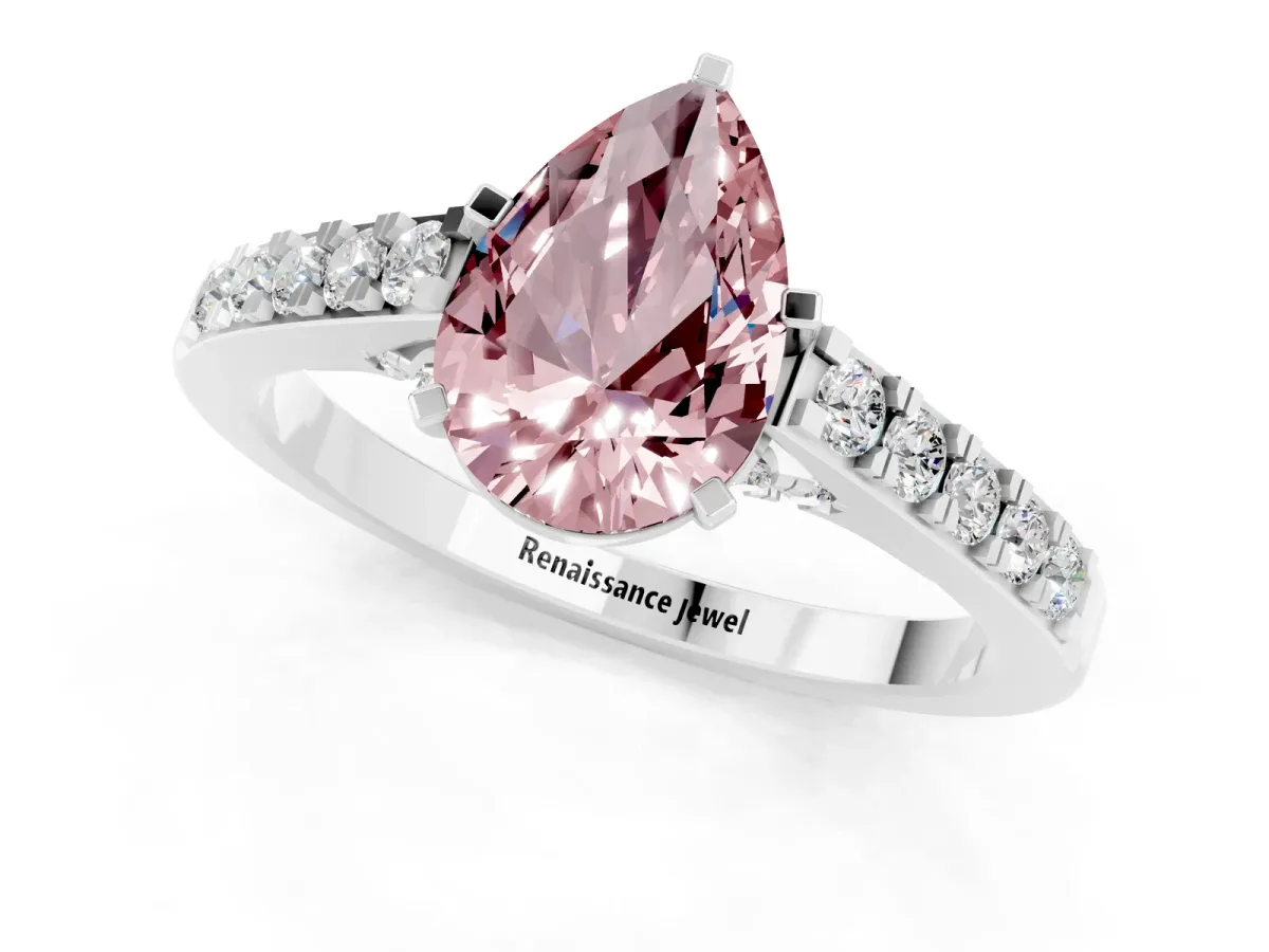 Pear Cut Morganite Solitaire Ring with Crossover Gallery and Round Pavé Band Silver