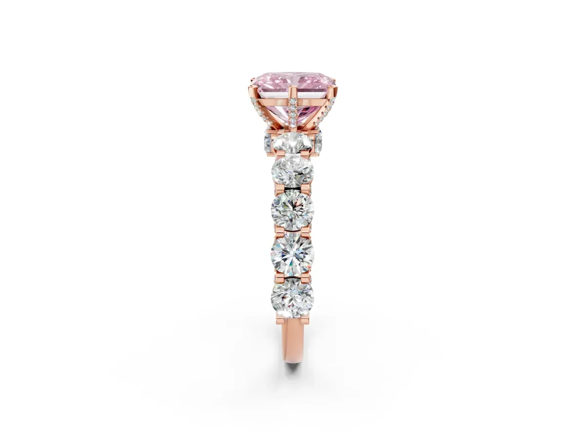 Fancy Pink Radiant Cut Diamond Side Stone Engagement Ring with Four-Prong Setting Rose gold