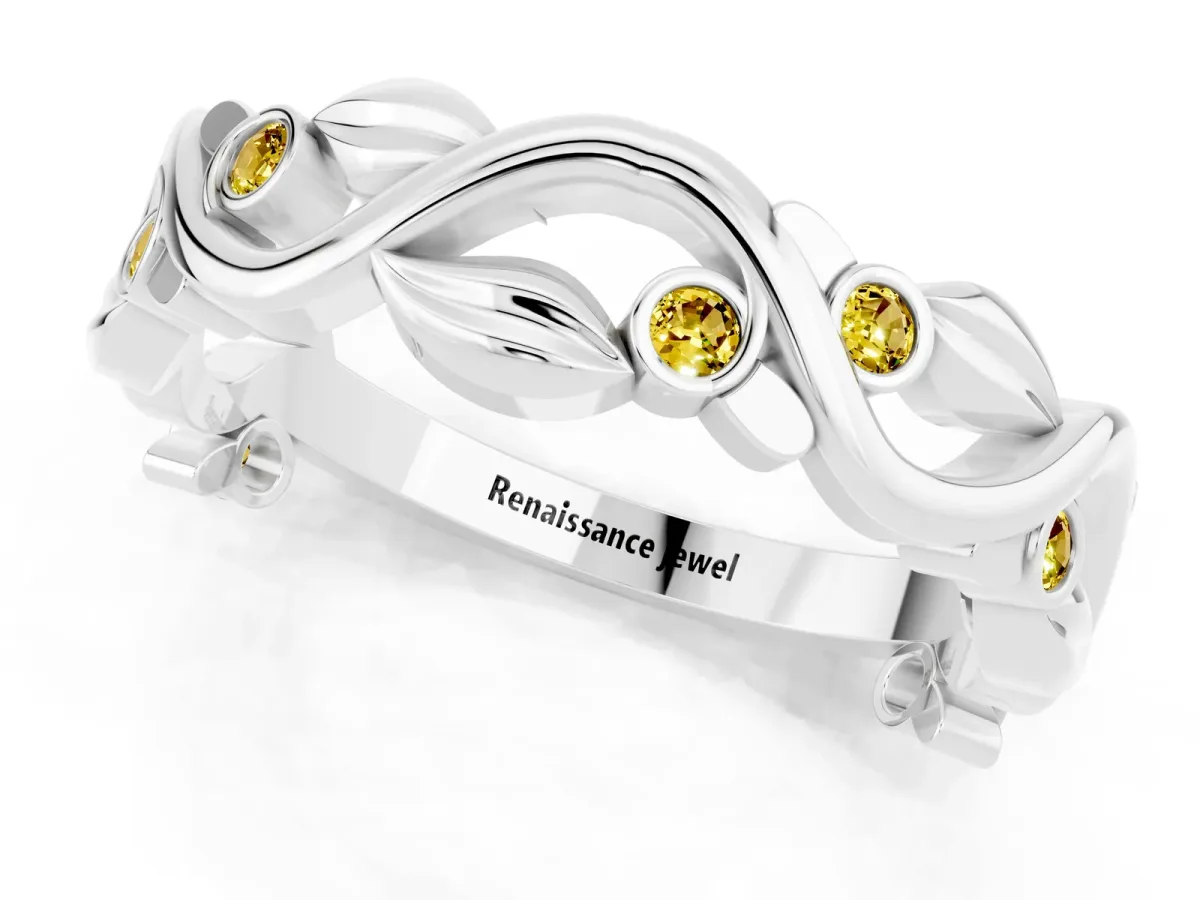 Round Yellow Sapphire Leaf Eternity Band with Bezel Setting White gold