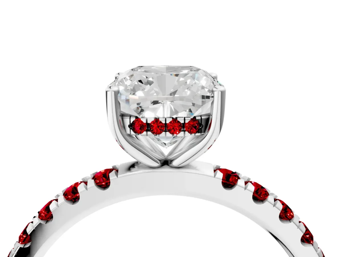 Cushion Cut Diamond Pave Band Solitaire Ring with Round Ruby and Prong Setting White gold