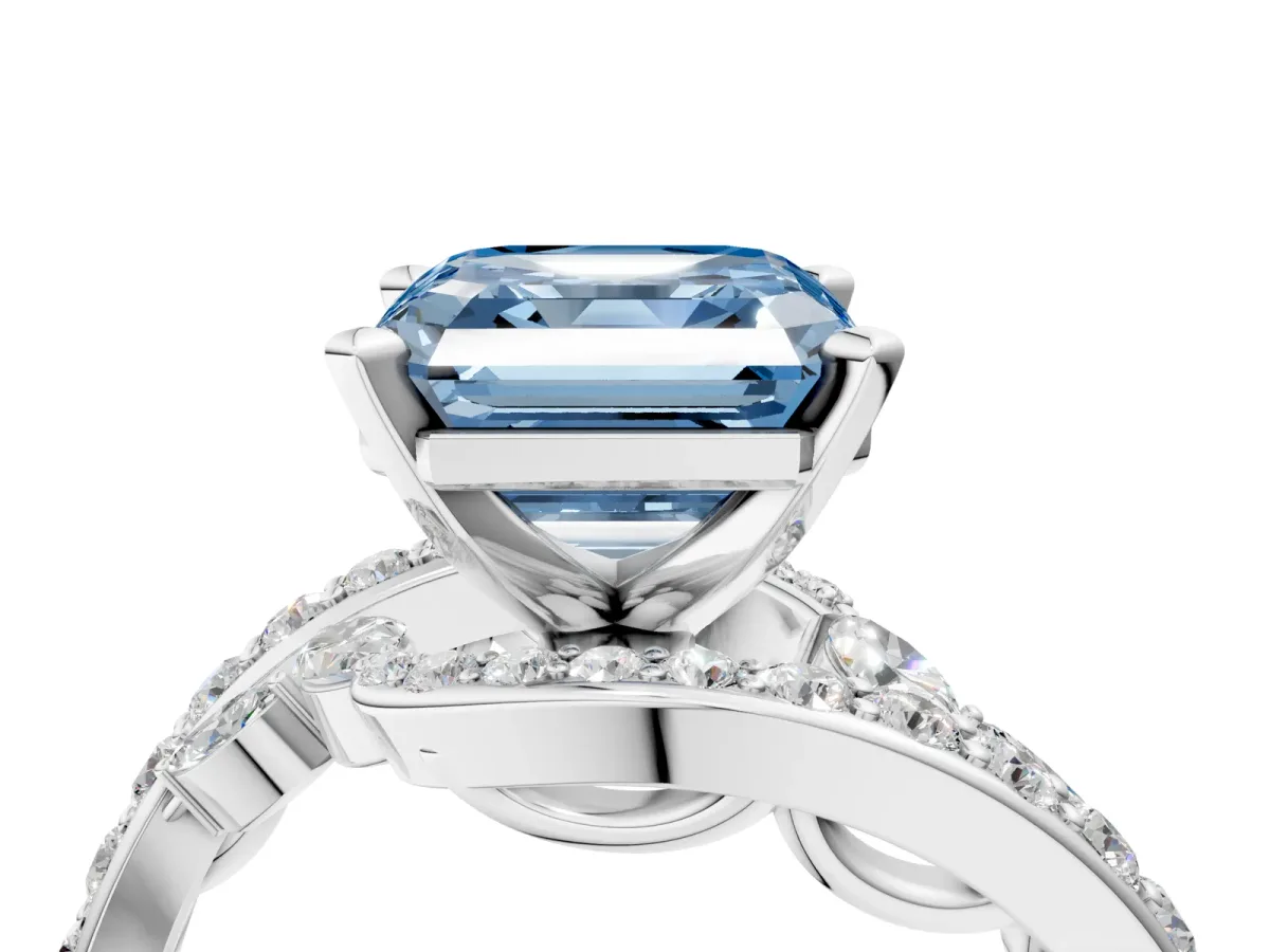 Fancy Blue Asscher Cut Solitaire with Pavé Twist Band and Four-Prong Setting Platinum