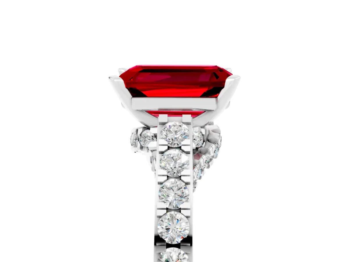 Emerald Cut Ruby Solitaire Ring with Crossover Gallery and Round Pavé Band Platinum