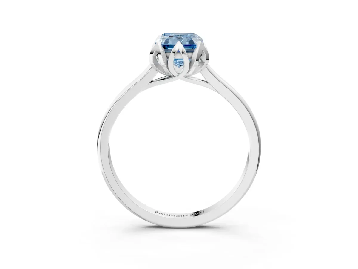 Fancy Blue Emerald Cut Diamond Solitaire Ring with Flower Prong Setting and Classic Band White gold