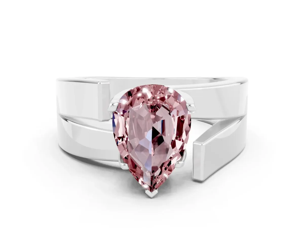 Modern Tension Set Pear Cut Morganite Solitaire Wide Band Ring Platinum