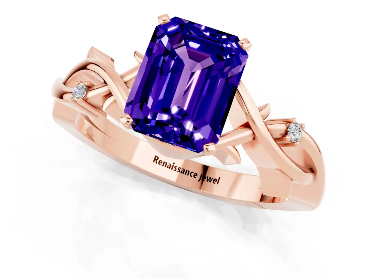 Emerald Cut Tanzanite Solitaire Ring with Twisted Band and Prong Setting Rose gold